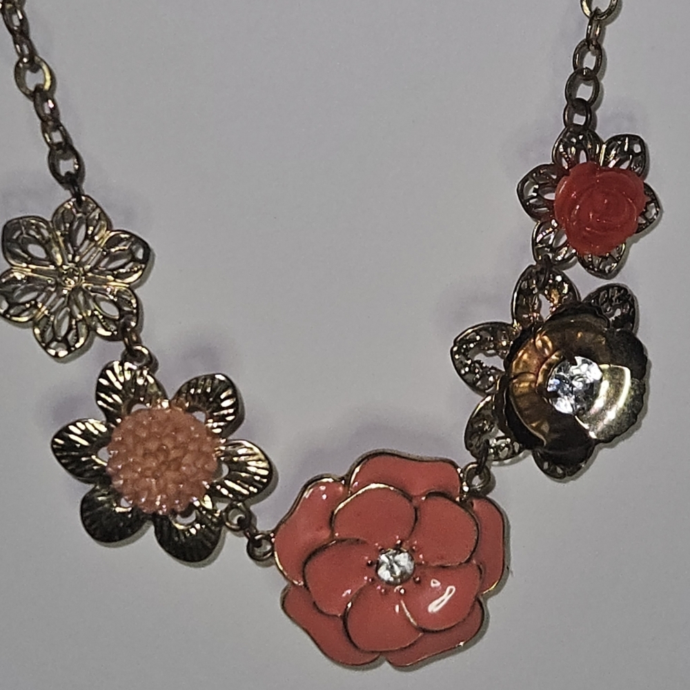 Floral Charm Necklace in Gold, Coral, and Pink